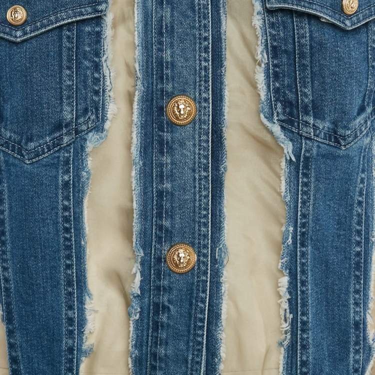 Pre Owned Balmain Blue/Beige Denim and Organza Silk Button Front Jacket M