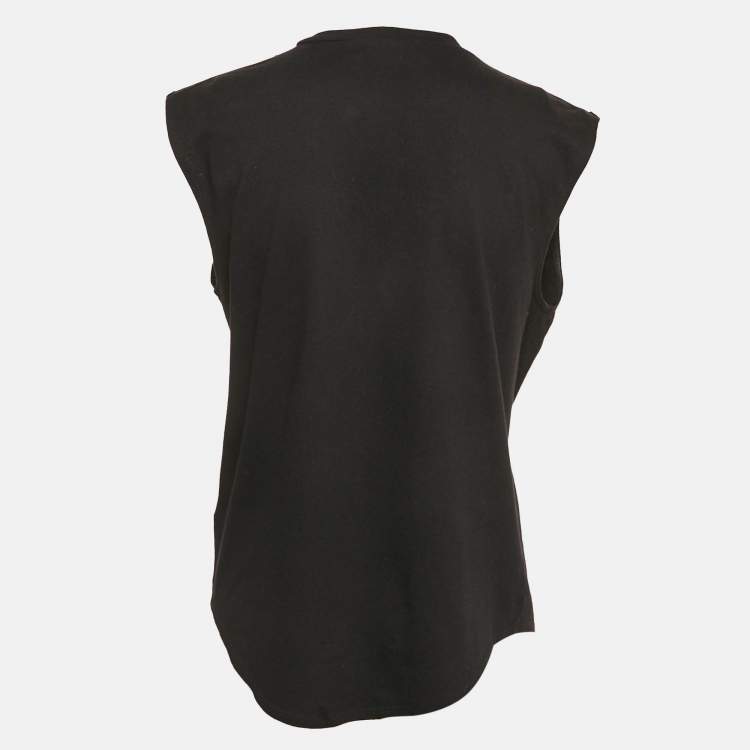 Pre Owned Balmain Black Leather and Brass Shoulder Embellished Jersey T-Shirt M