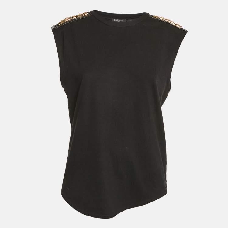 Pre Owned Balmain Black Leather and Brass Shoulder Embellished Jersey T-Shirt M