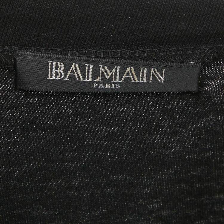 Pre Owned Balmain Black Leather and Brass Shoulder Embellished Jersey T-Shirt M