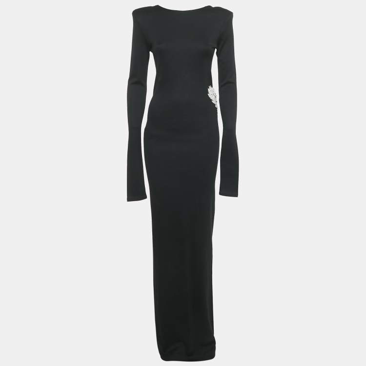 Pre Owned Balmain Black Eagle Embroidered Cotton Knit Plug Neck Maxi Dress M