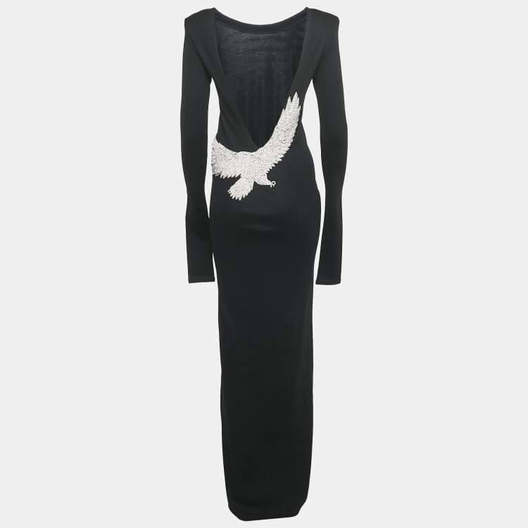 Pre Owned Balmain Black Eagle Embroidered Cotton Knit Plug Neck Maxi Dress M