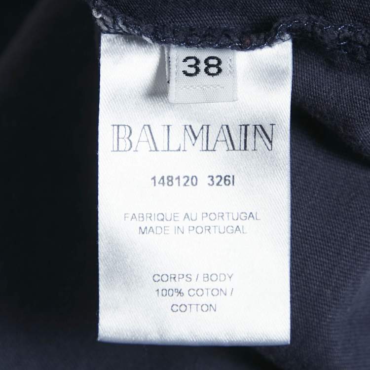Pre Owned Balmain Blue Logo Print Cotton Button Detail Top M