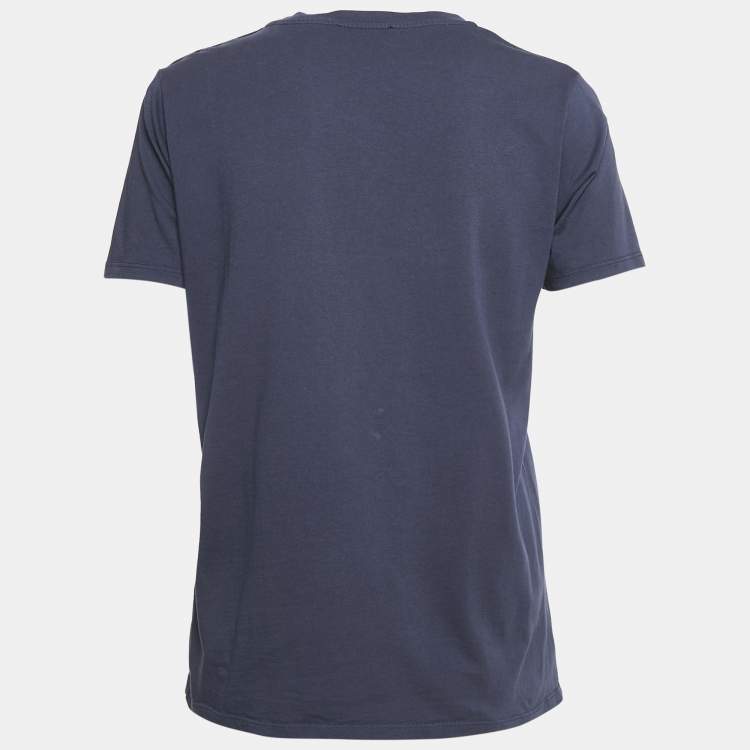 Pre Owned Balmain Blue Logo Print Cotton Button Detail Top M