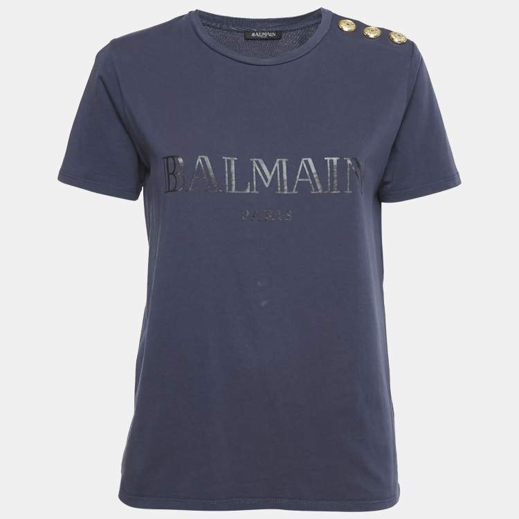 Pre Owned Balmain Blue Logo Print Cotton Button Detail Top M