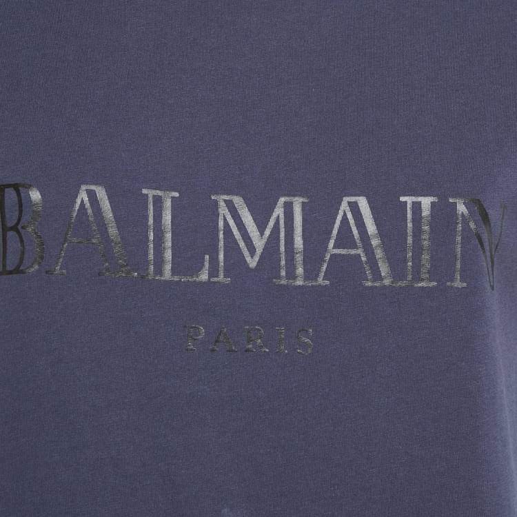 Pre Owned Balmain Blue Logo Print Cotton Button Detail Top M