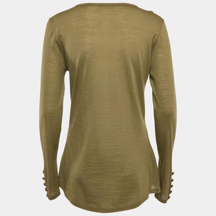 Pre Owned Balmain Olive Green Wool Button Detail Long Sleeve T-Shirt L
