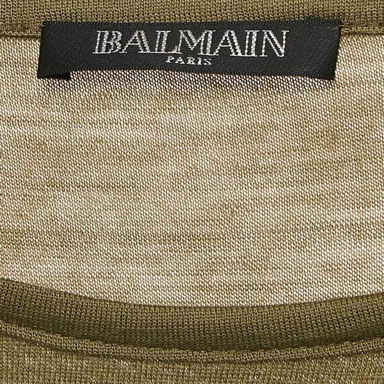 Pre Owned Balmain Olive Green Wool Button Detail Long Sleeve T-Shirt L