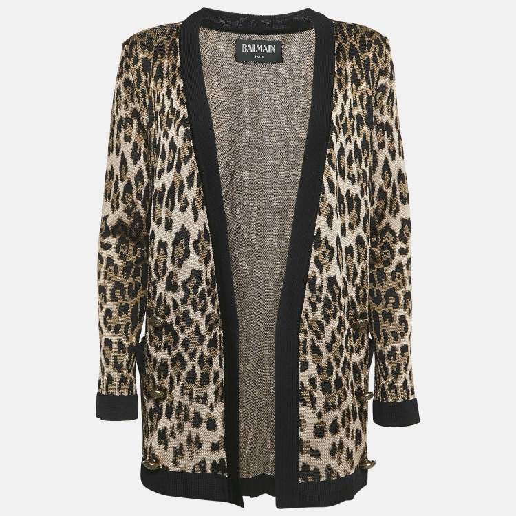 Pre Owned Balmain Brown Leopard Jacquard Knit Button Detail Open Front Cardigan M