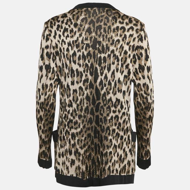 Pre Owned Balmain Brown Leopard Jacquard Knit Button Detail Open Front Cardigan M