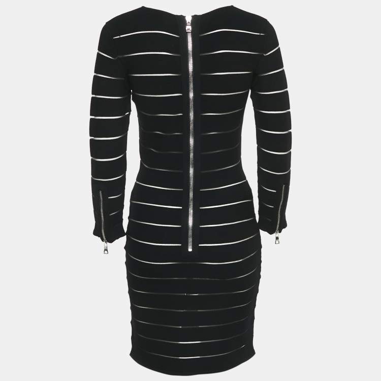 Pre Owned Balmain Black Striped Jersey Long Sleeve Mini Bodycon Dress L