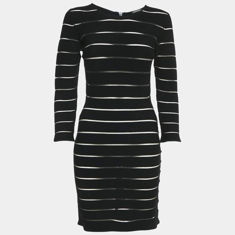 Pre Owned Balmain Black Striped Jersey Long Sleeve Mini Bodycon Dress L