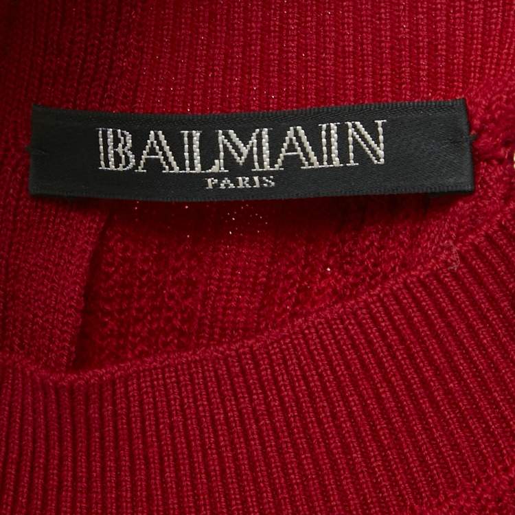 Pre Owned Balmain Red Rib Knit Button Detail Sleeveless Fitted Dress M