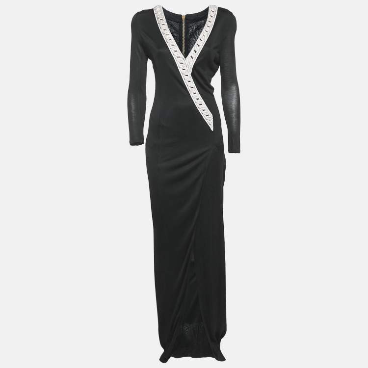 Pre Owned Balmain Black Jersey Crystal Embellished Slit Detail Maxi Dress L