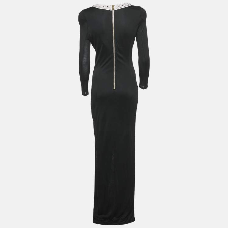 Pre Owned Balmain Black Jersey Crystal Embellished Slit Detail Maxi Dress L