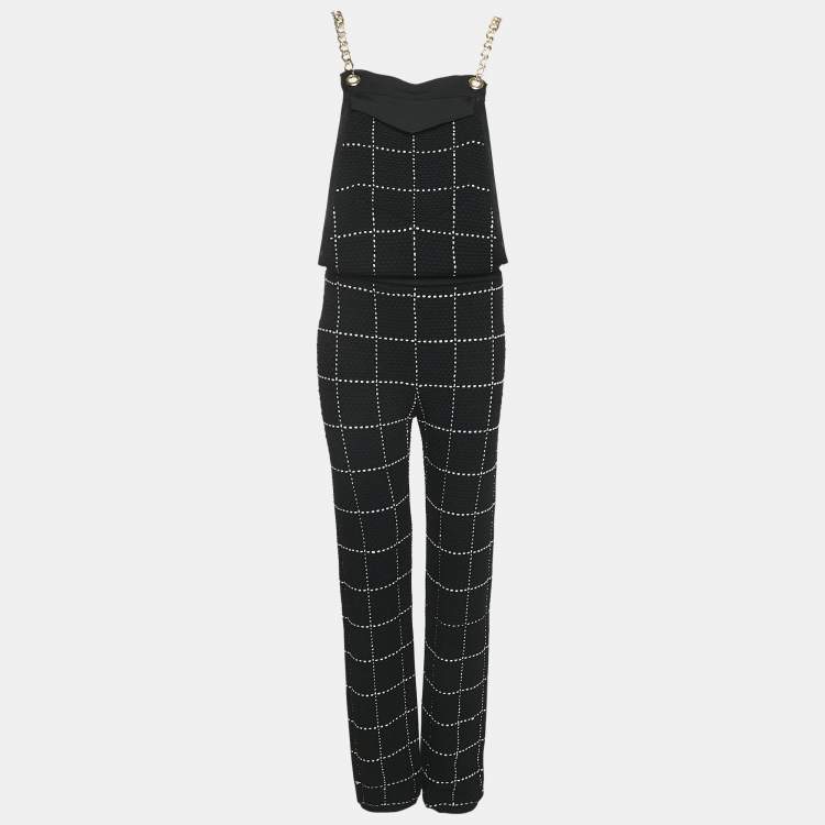 Pre Owned Balmain Black Patterned Knit Chain Strap Detail Jumpsuit M