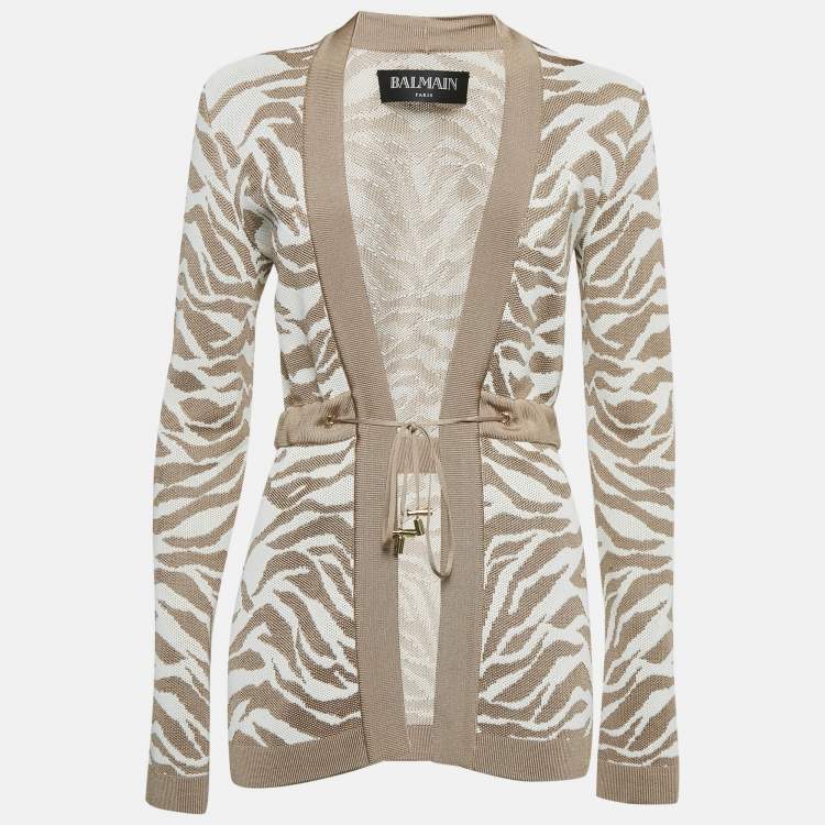 Pre Owned Balmain Beige/White Patterned Knit Drawstring  Cardigan S