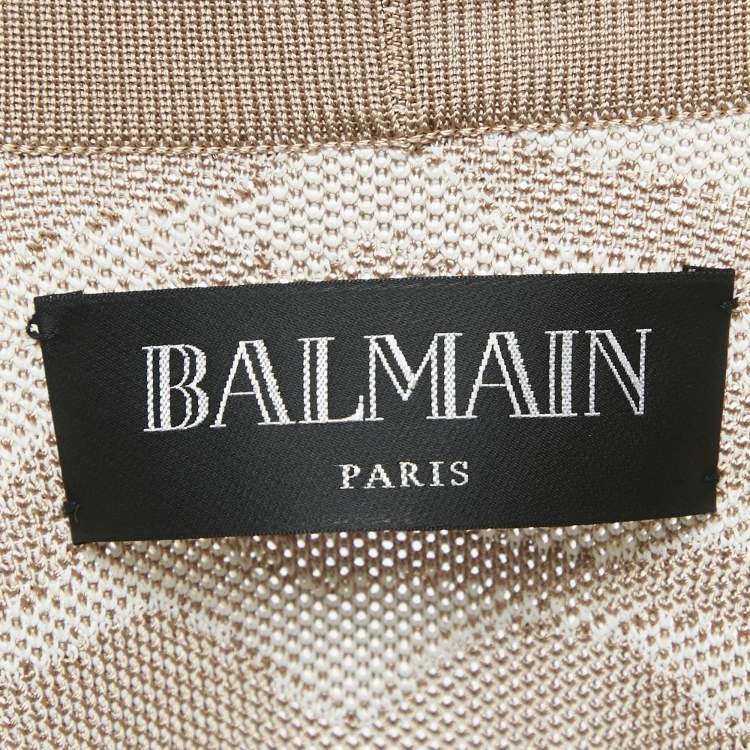 Pre Owned Balmain Beige/White Patterned Knit Drawstring  Cardigan S