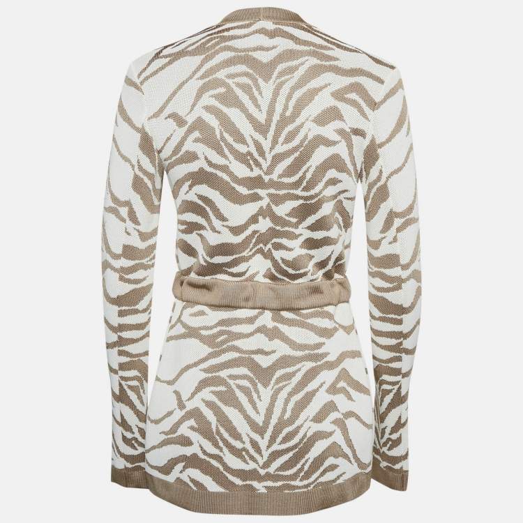 Pre Owned Balmain Beige/White Patterned Knit Drawstring  Cardigan S