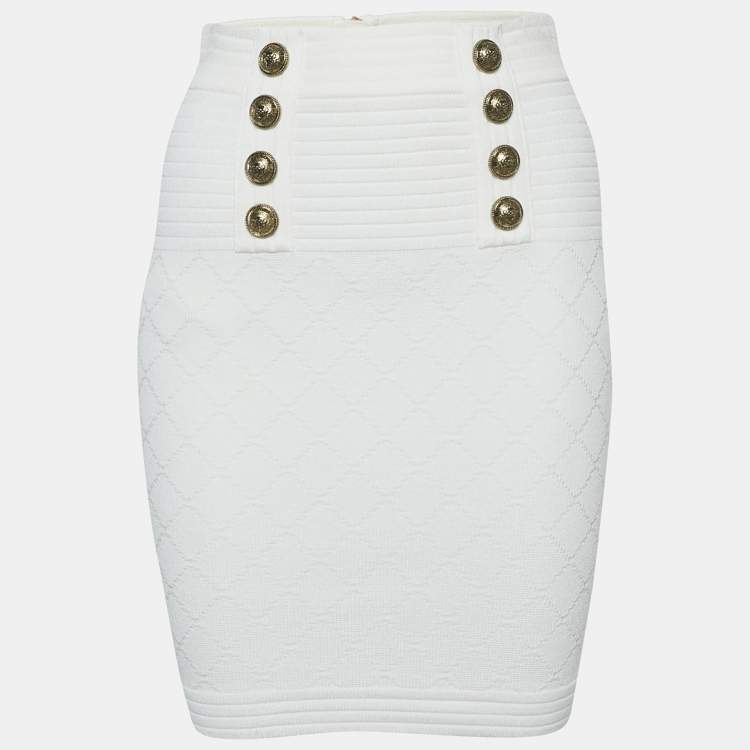 Pre Owned Balmain White Stretch Button Embellished Knit Mini Skirt S