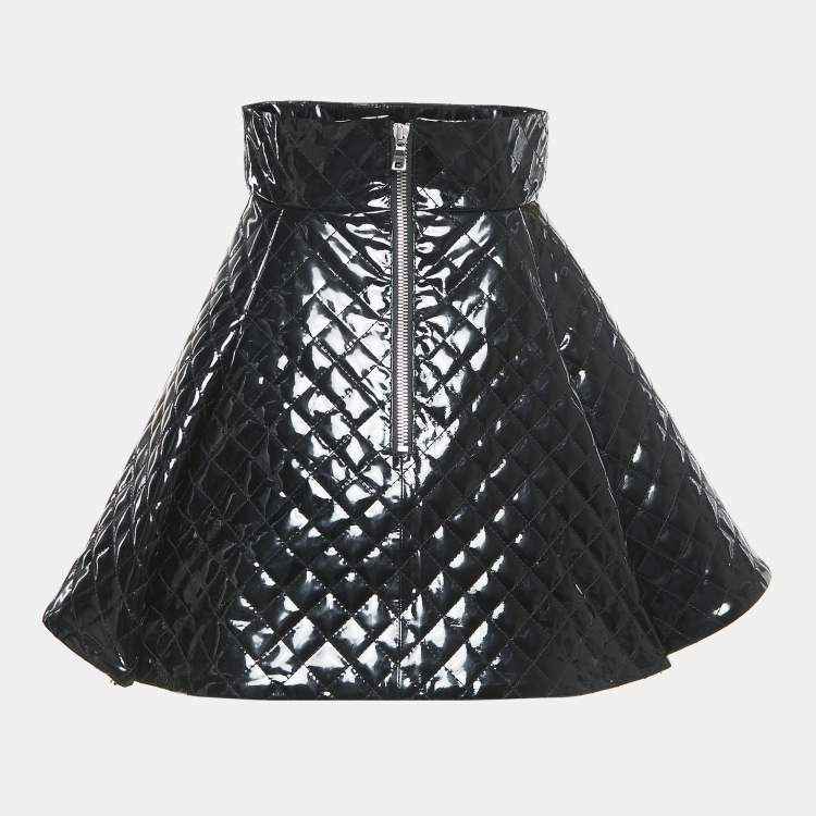 Pre Owned Balmain Black Quilted Patent Leather Flared Mini Skirt S