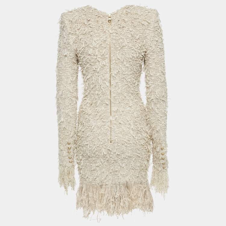 Pre Owned Balmain Beige Stretch Tweed Raw Edge Detail Mini Bodycon Dress M