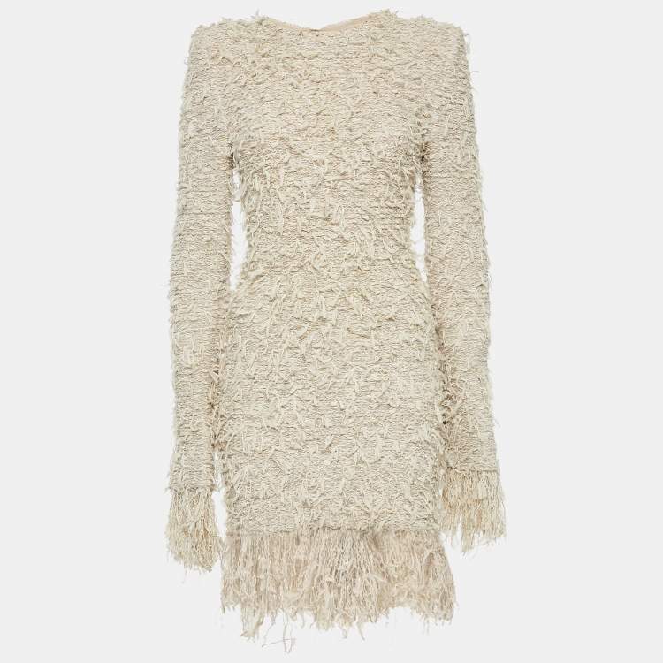 Pre Owned Balmain Beige Stretch Tweed Raw Edge Detail Mini Bodycon Dress M