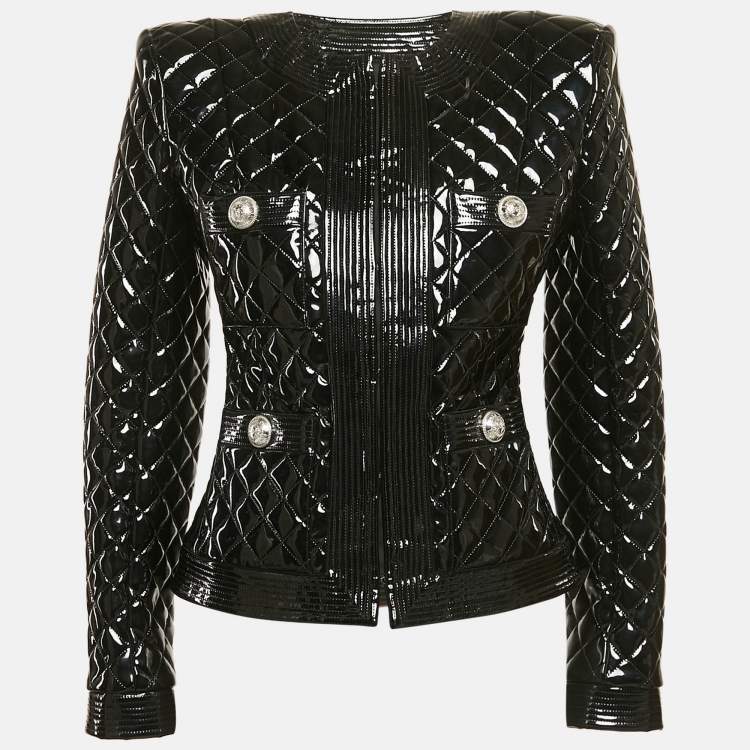 Pre Owned Balmain Black Faux Leather Button Detail Quilted Jacket S