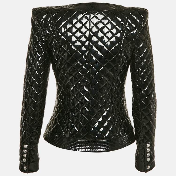 Pre Owned Balmain Black Faux Leather Button Detail Quilted Jacket S