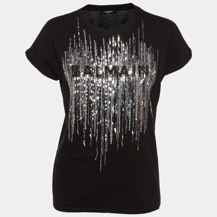 Pre Owned Balmain Black Logo Embellished Crew Neck T-Shirt XS