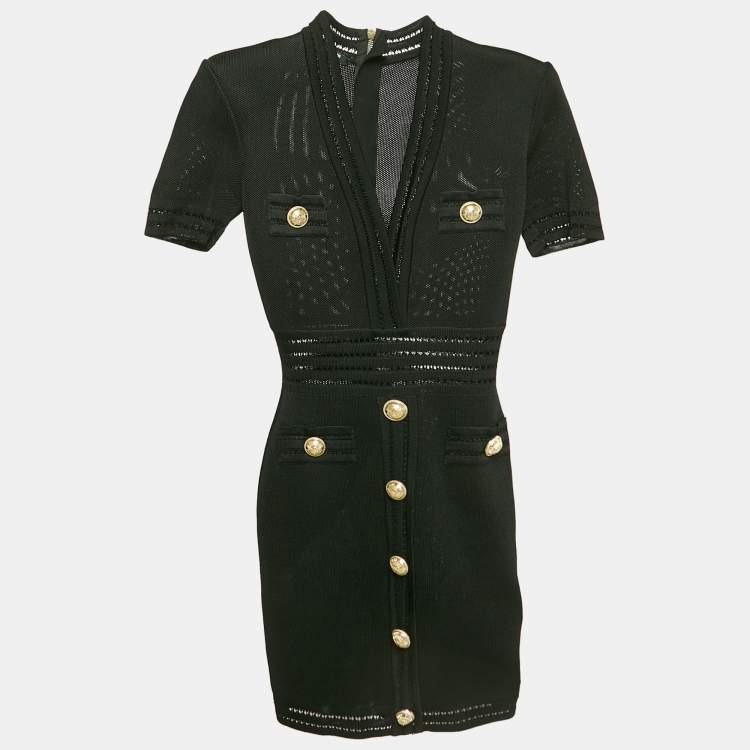 Pre Owned Balmain Black Mesh Knit Button Detail Bodycon Mini Dress M