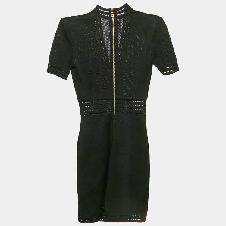 Pre Owned Balmain Black Mesh Knit Button Detail Bodycon Mini Dress M