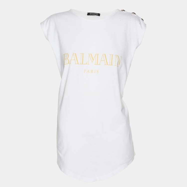 Pre Owned Balmain White Logo Printed Cotton Knit Sleeveless Tank Top L
