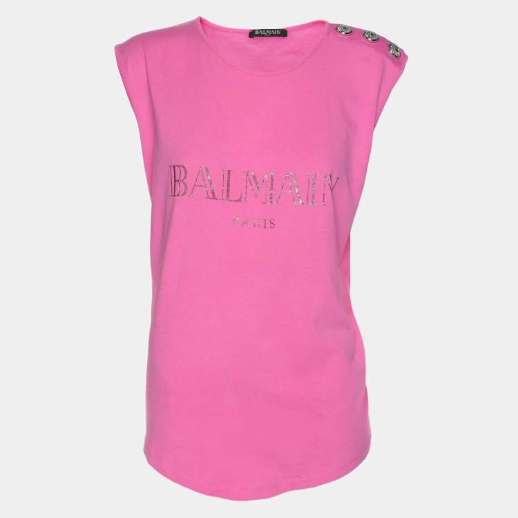 Pre Owned Balmain Pink Logo Print Cotton Knit Button Front Sleeveless Top M