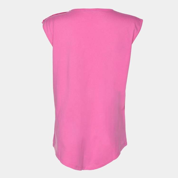 Pre Owned Balmain Pink Logo Print Cotton Knit Button Front Sleeveless Top M