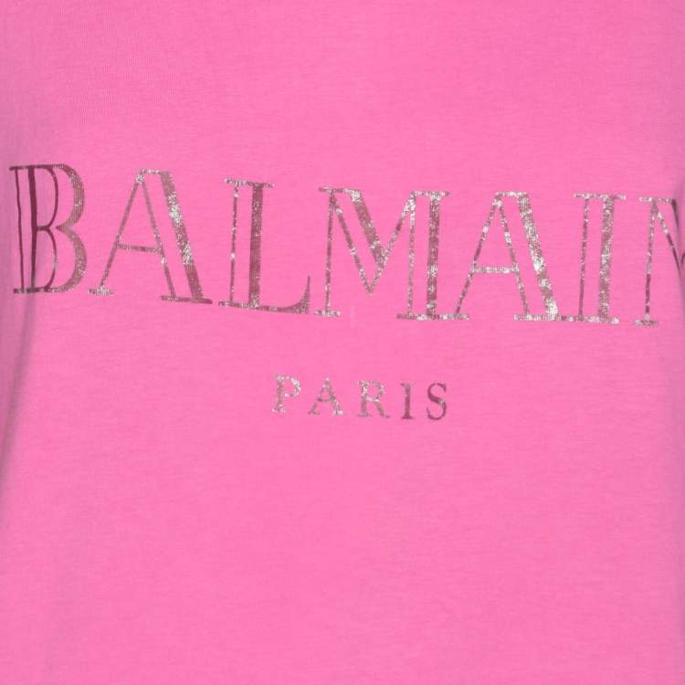 Pre Owned Balmain Pink Logo Print Cotton Knit Button Front Sleeveless Top M