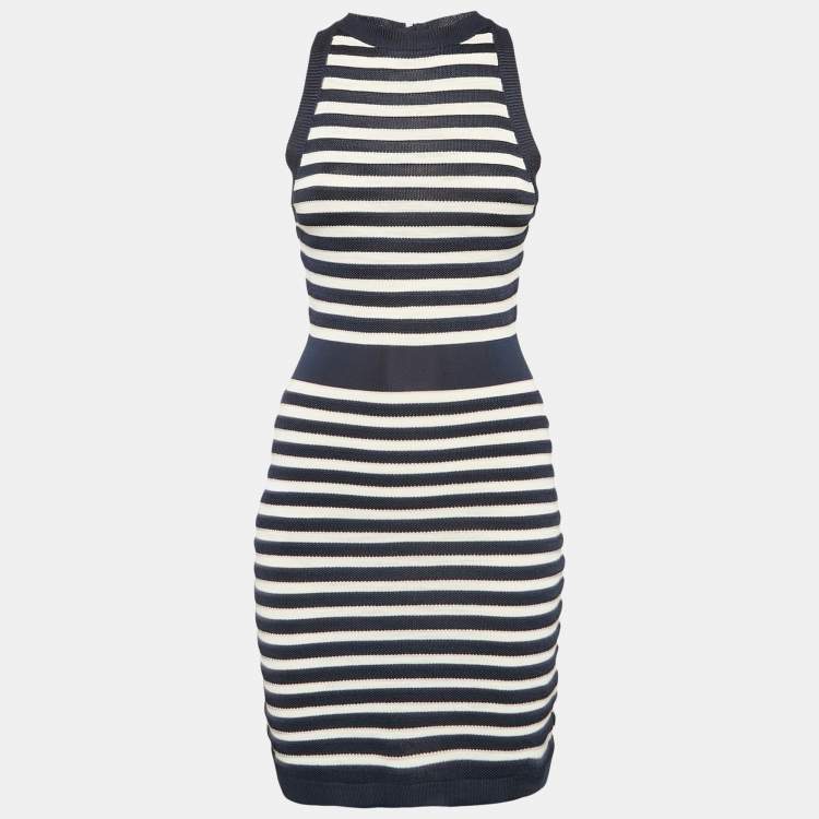 Pre Owned Balmain Navy Blue/White Stripe Knit Sleeveless Mini Dress S