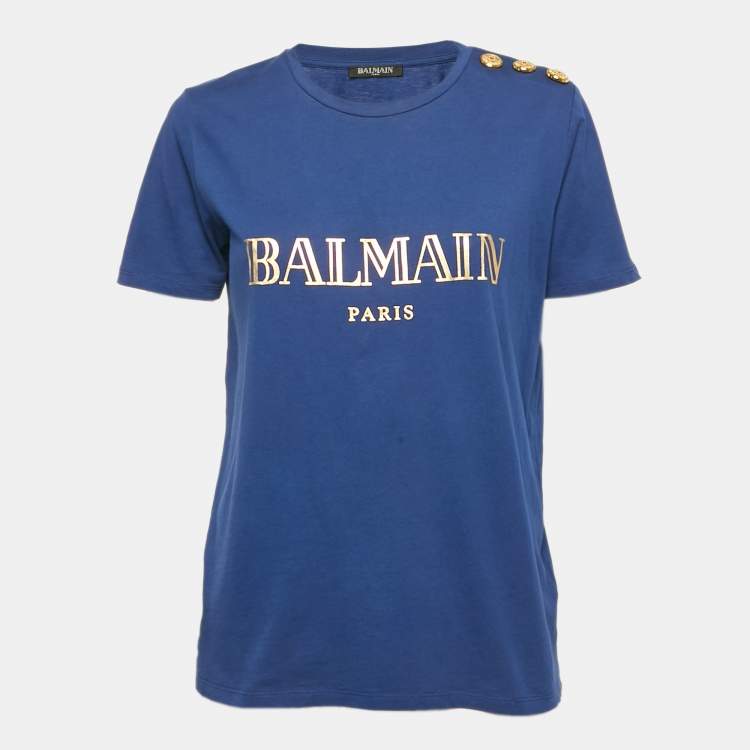 Pre Owned Balmain Blue Logo Print Cotton Button Detail T-Shirt M