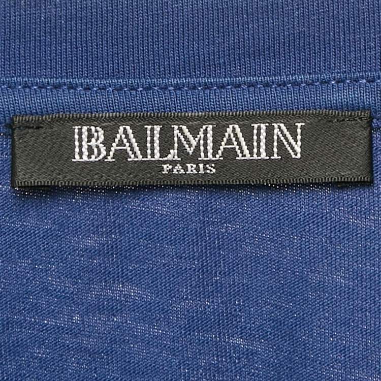 Pre Owned Balmain Blue Logo Print Cotton Button Detail T-Shirt M