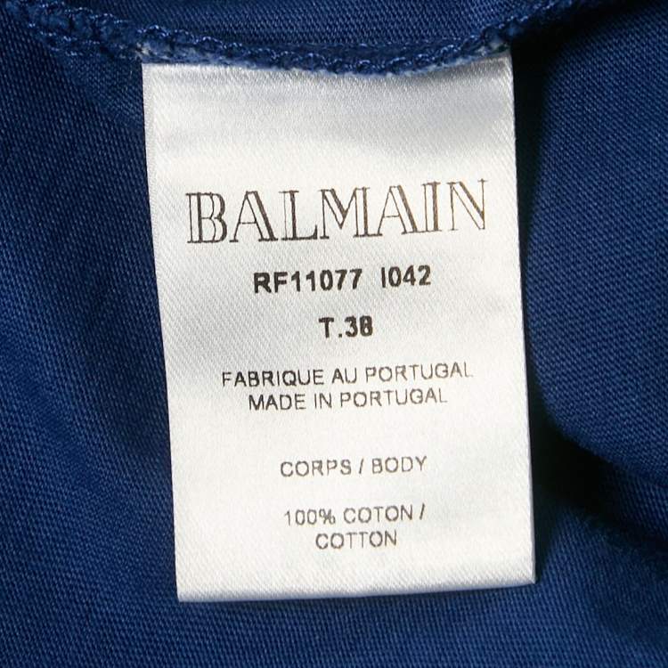 Pre Owned Balmain Blue Logo Print Cotton Button Detail T-Shirt M