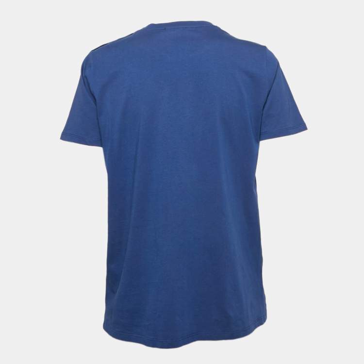 Pre Owned Balmain Blue Logo Print Cotton Button Detail T-Shirt M