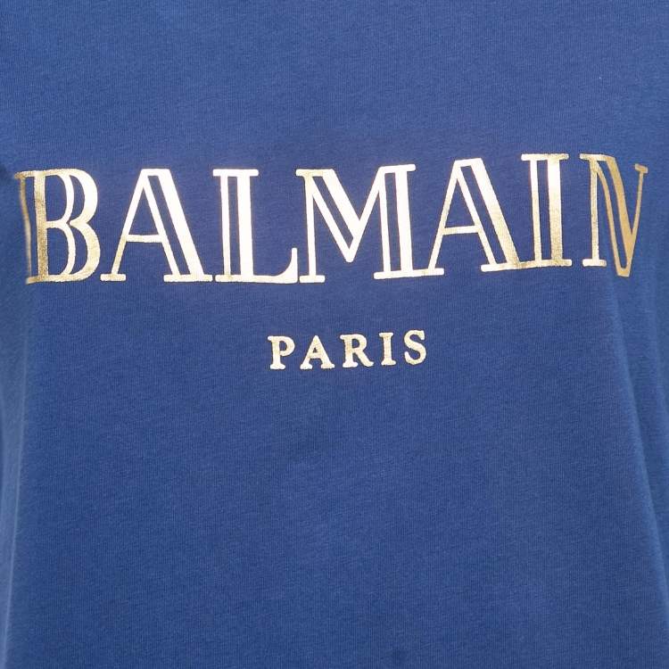 Pre Owned Balmain Blue Logo Print Cotton Button Detail T-Shirt M