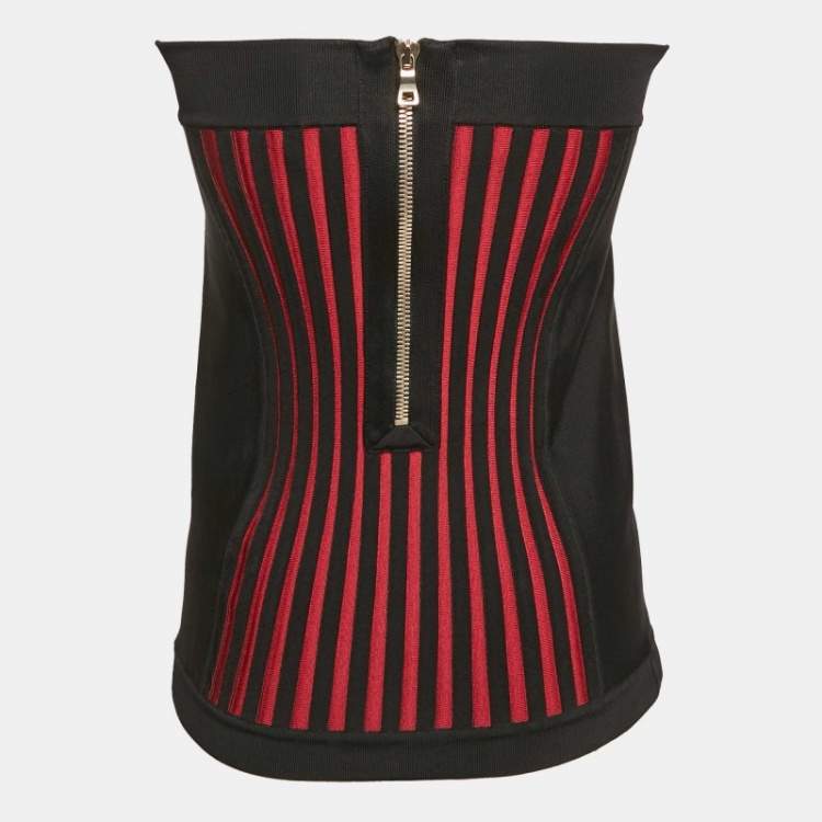 Pre Owned Balmain Black Knit Corset Zip-Up Strapless Crop Top M