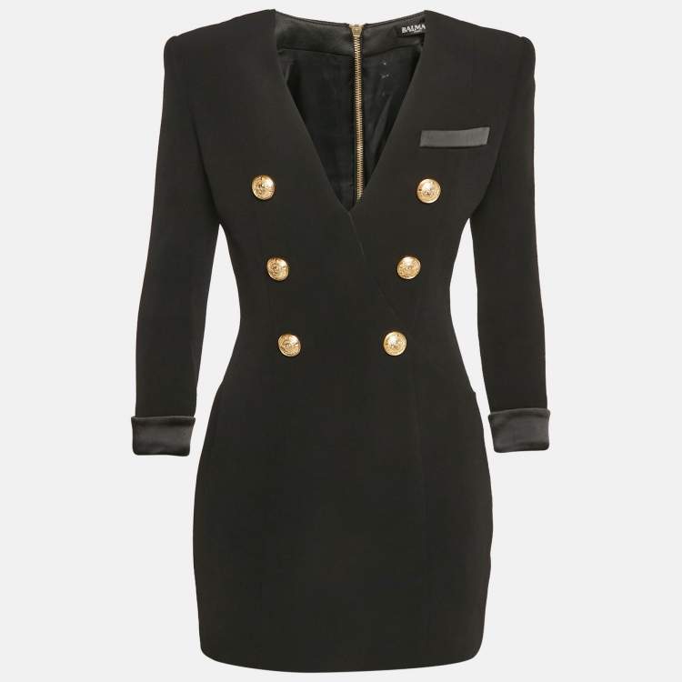 Pre Owned Balmain Black Crepe Double Breasted Mini Dress M