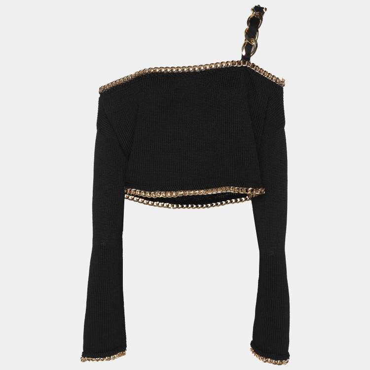 Pre Owned Balmain Black Rib Knit Chain Trim Off The Shoulder Crop Top M