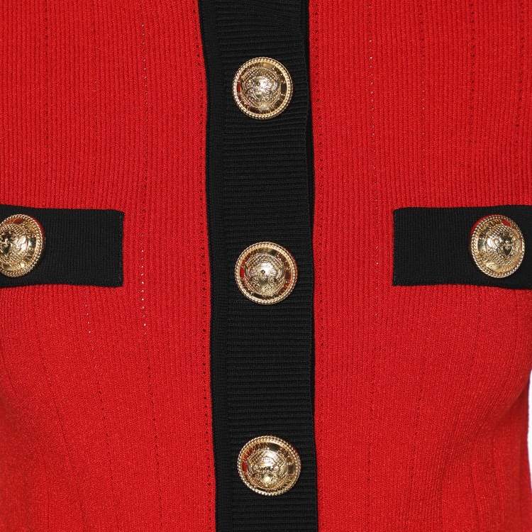 Pre Owned Balmain Red/Black Stretch Knit Short Sleeve Cropped Cardigan M