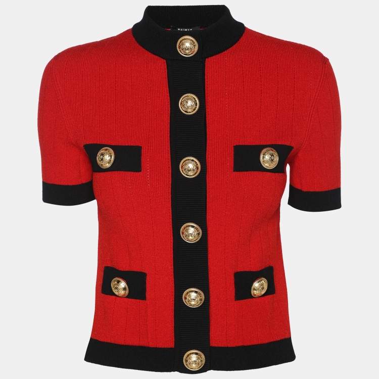 Pre Owned Balmain Red/Black Stretch Knit Short Sleeve Cropped Cardigan M