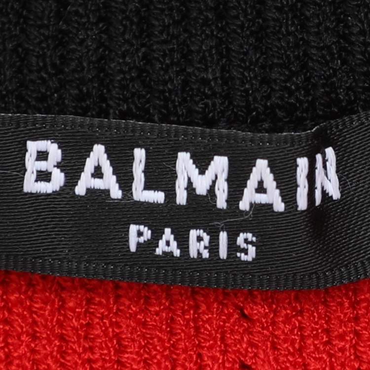 Pre Owned Balmain Red/Black Stretch Knit Short Sleeve Cropped Cardigan M