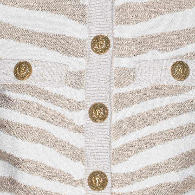 Pre Owned Balmain Metallic Beige Zebra Detail Stretch Knit Cardigan S