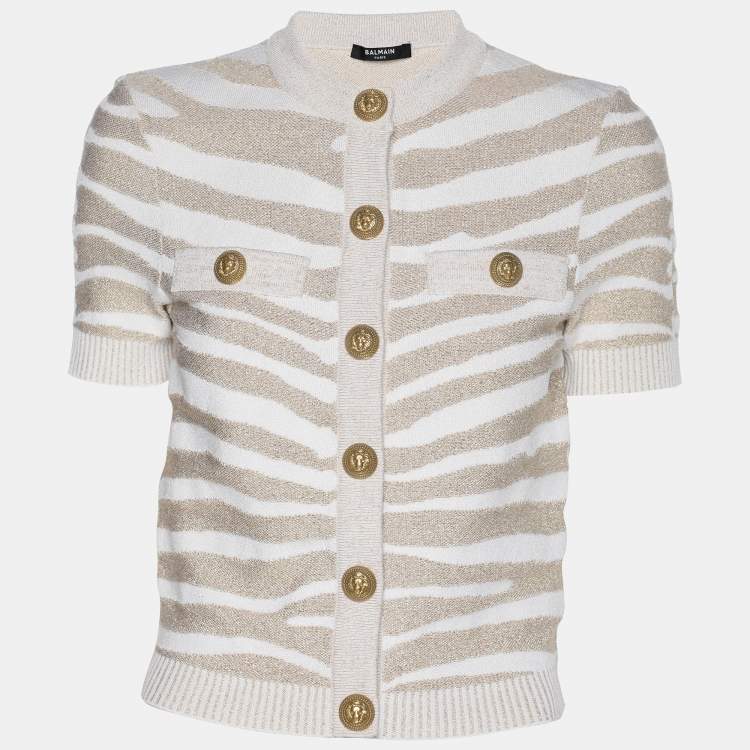Pre Owned Balmain Metallic Beige Zebra Detail Stretch Knit Cardigan S